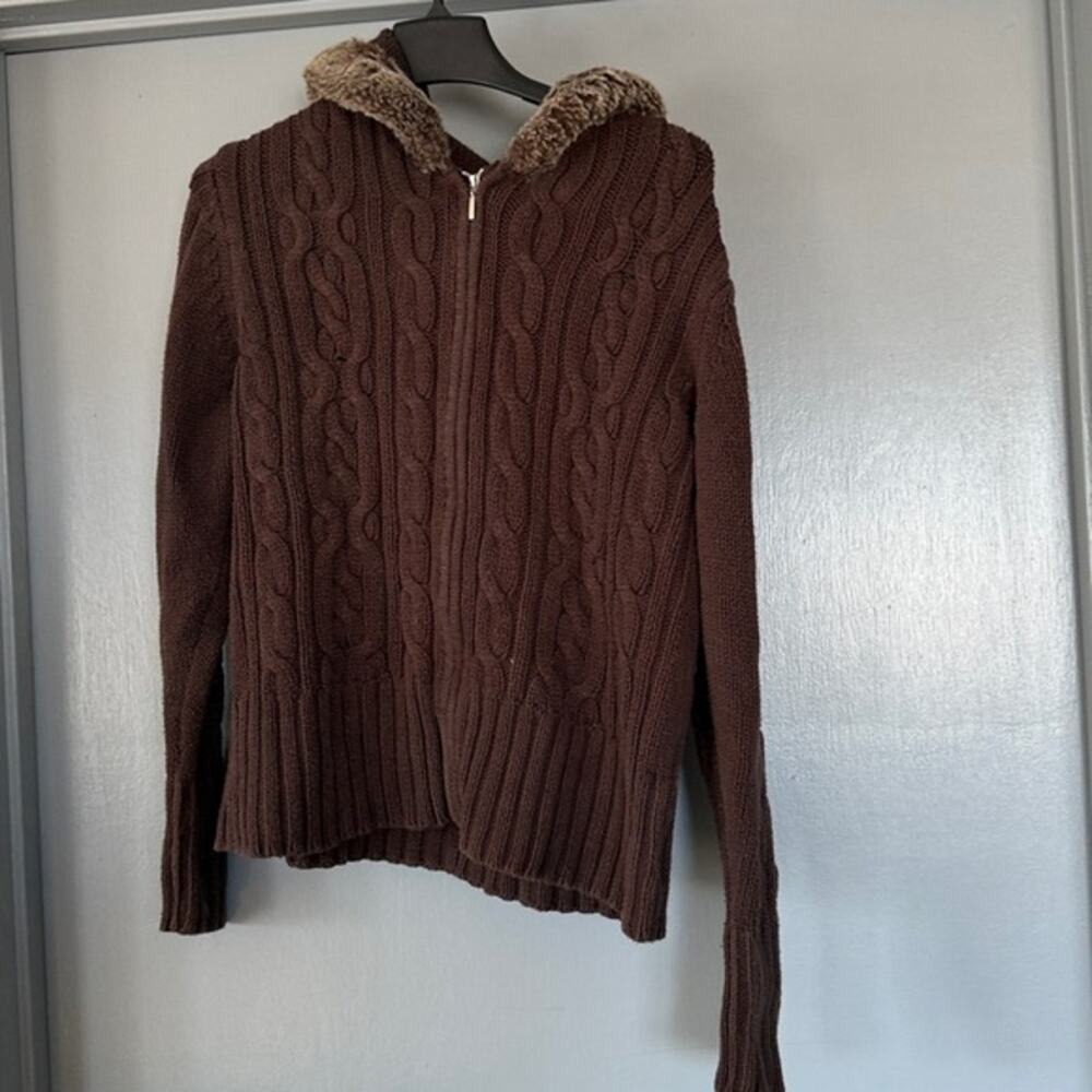 Brown Heather Cable Knit Front Zip Hoodie Sweater Jacket Faux Fur Trim sz XL